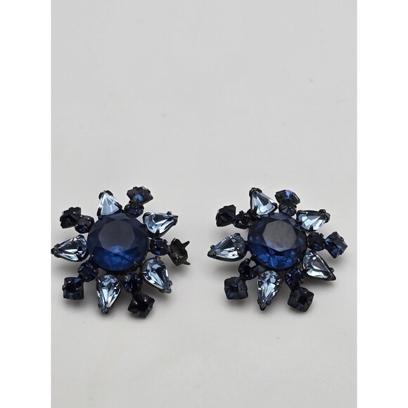 Vintage Signed Schreiner NY Earrings – Sapphire Blue Rhinestones Starburst... - Picture 1 of 14